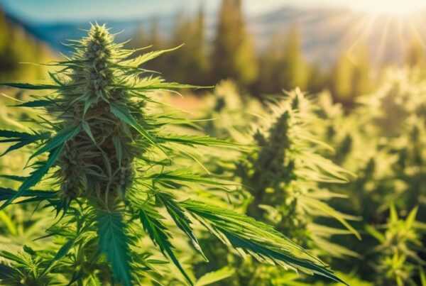 Sativa cannabis plant in a bright, sunny field