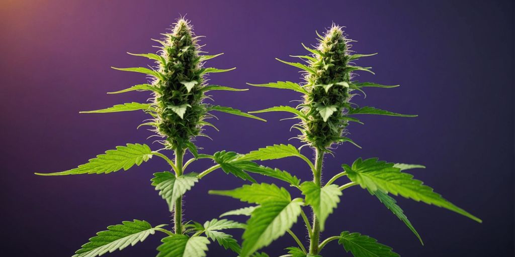 Cannabis plant showing different growth stages from seedling to full bloom on a gradient background.