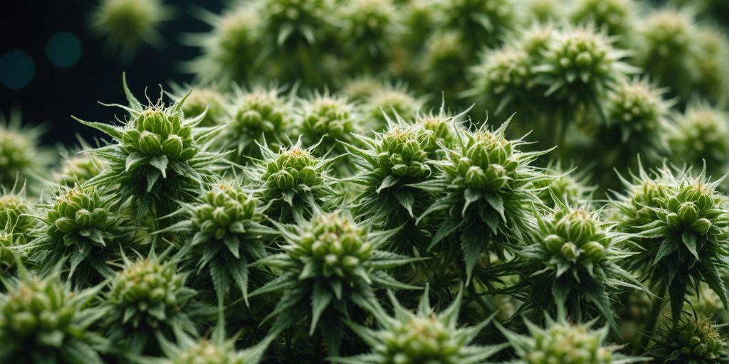 Microscopic view of cannabis plant cells highlighting trichomes and glandular structures.