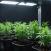 Young cannabis plants growing under indoor lights