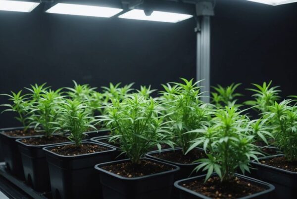 Young cannabis plants growing under indoor lights