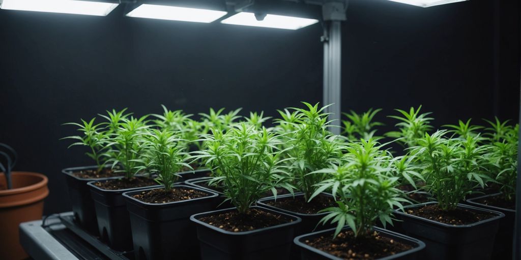 Young cannabis plants growing under indoor lights