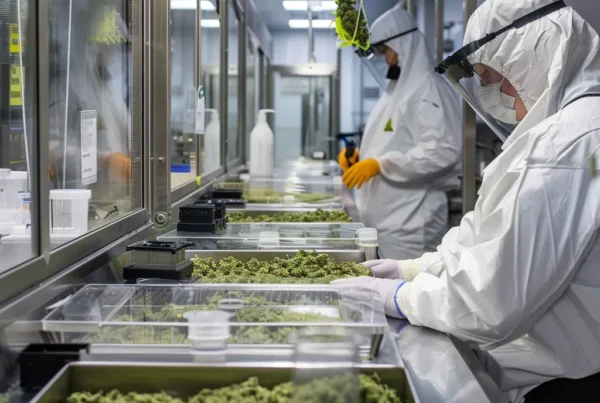 A group of lab workers processing cannabis batches