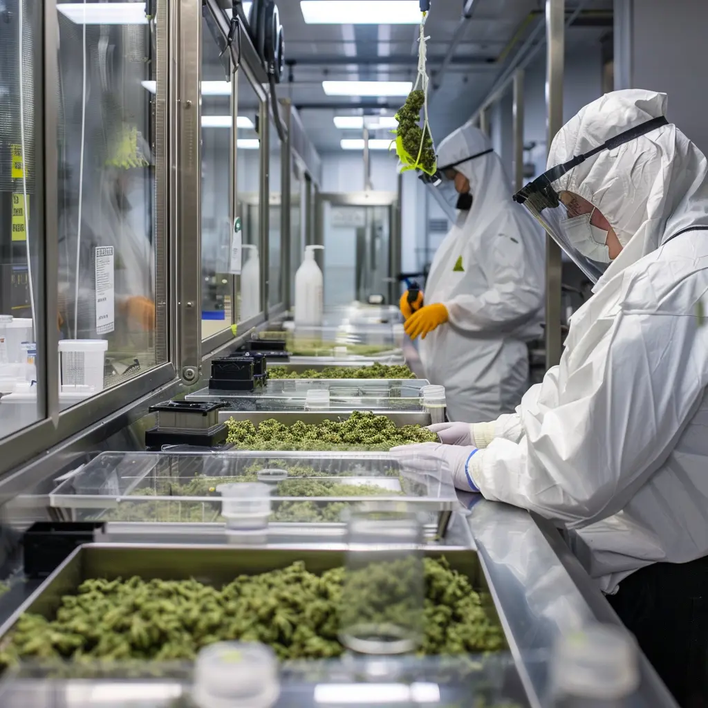 A group of lab workers processing cannabis batches