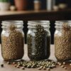 Different containers for storing seeds on a wooden table