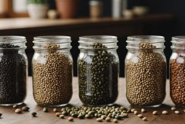 Different containers for storing seeds on a wooden table