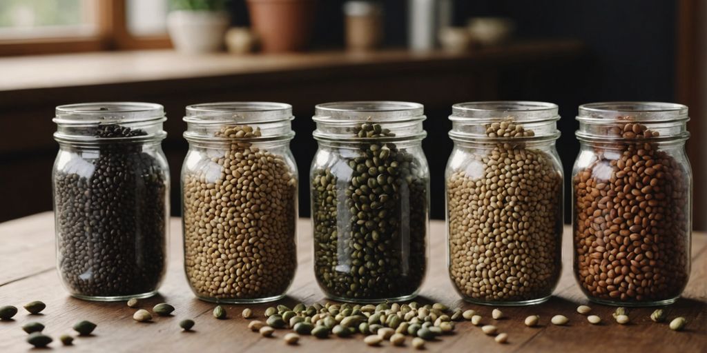 Different containers for storing seeds on a wooden table